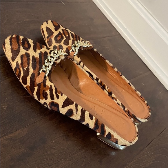 Olive Leopard Print Mules Flats Size7 Calf Hair Textured Upper Styled Clmfort - Picture 4 of 13